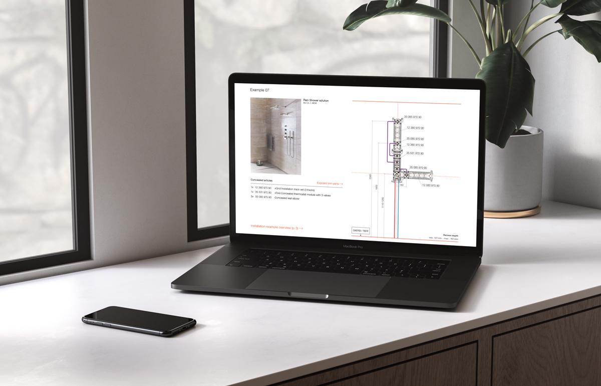 So einfach können selbst aufwendige Unterputz-Installationen sein: Dornbracht liefert für jede Duschanwendung die vermassten Installationsskizzen für die Unterputz- und die Aufputzmontage.