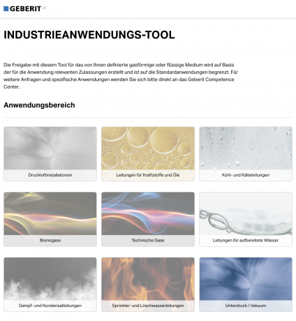 Im ersten Schritt wird die Anwendung gewählt. Hier besteht die Auswahl aus Standardanwendungen. Bei sehr speziellen Themen wird direkt auf eine schriftliche Anfrage verlinkt.