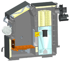Schnitt eines Holzvergaserkessels mit LEVS: Schnitt eines Holzvergaserkessels mit den drei Modulen des LEVS: Verbrennungsluftzufuhrsystem, Zyklon-Brennkammer und Nachbehandlungsstufe.