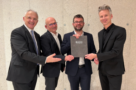 Von Links: Geschäftsführer Georg Pehm, Departmentleiter Christian Wartha, Studiengangsleiter Jürgen Krail und Studiengangsleiter Werner Stutterecker