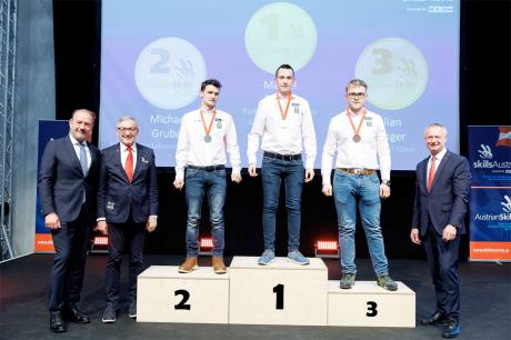 v.l. WKÖ-Vizepräsident Andreas Herz, Präsident der WK Stmk. Josef Herk , 2. Michael Gruber, 1. Marcel Riener, 3. Julian Edinger und Bundesspartenobmann Manfred Denk